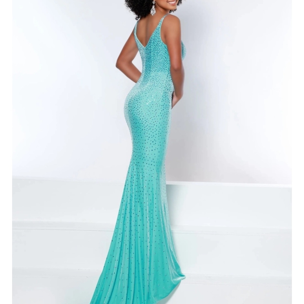 Blue Sequin Full Length With Cape And Train Prom Gown
